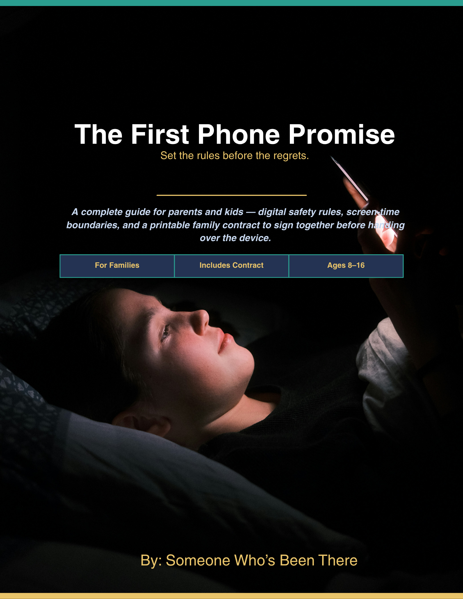 Child reading about the First Phone Contract for Kids at night, preparing for responsible smartphone use.