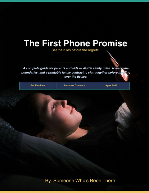 Child reading about the First Phone Contract for Kids at night, preparing for responsible smartphone use.
