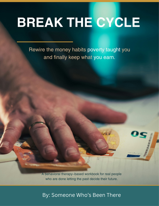 Break the Cycle workbook cover featuring hands reaching for money, focused on money habits workbook for financial empowerment.