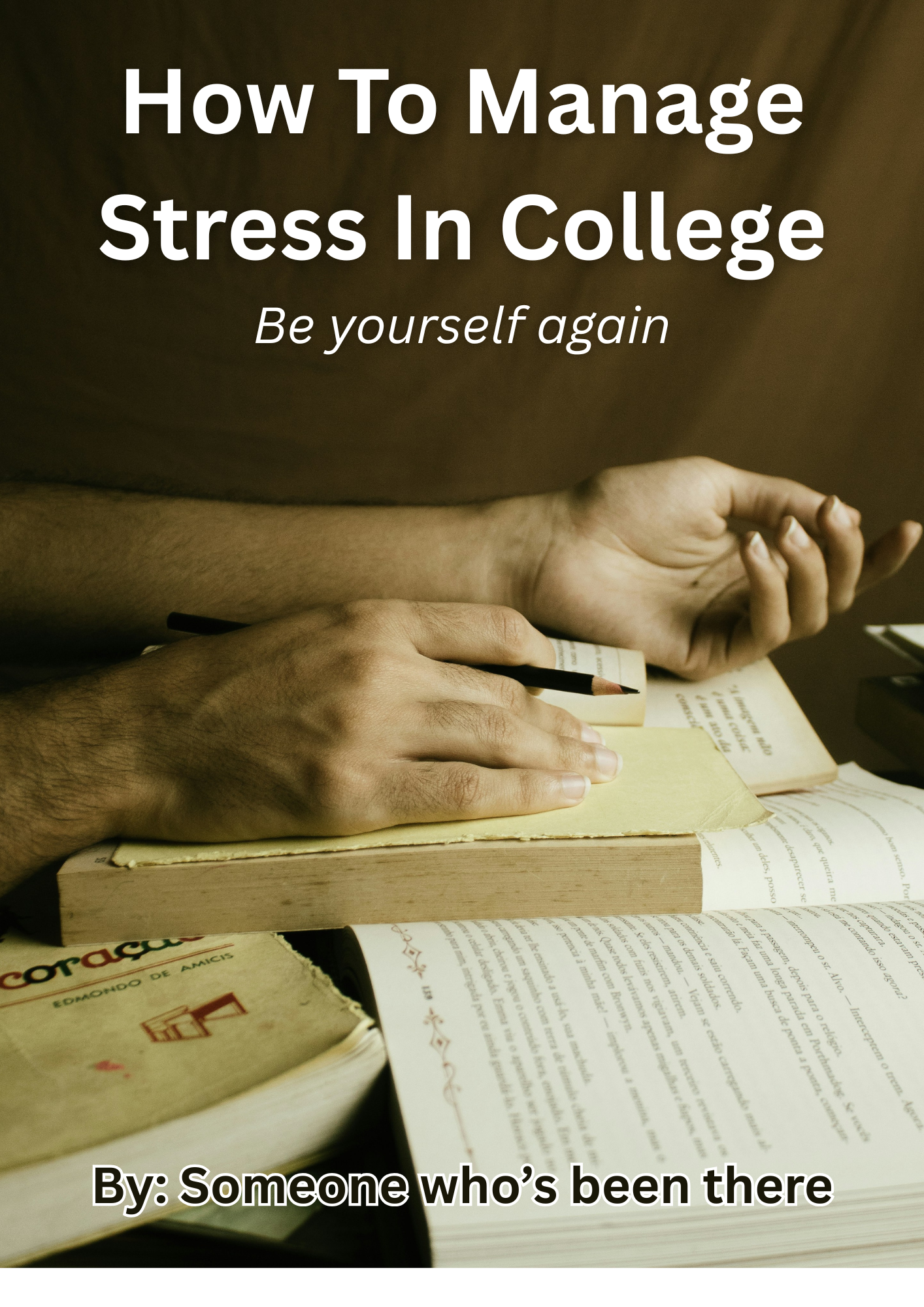 Cover image for 'How To Manage Stress In College' featuring hands on a book, promoting college stress management techniques.